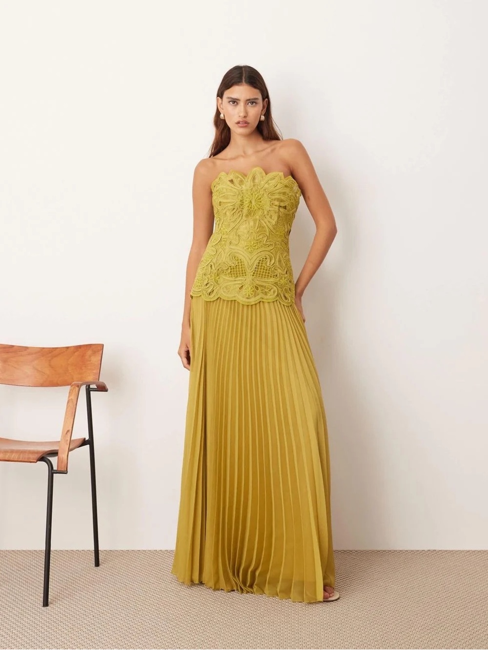 ARRANGE Abstract Cutwork Bandeau Maxi Dress with Pleated Skirt